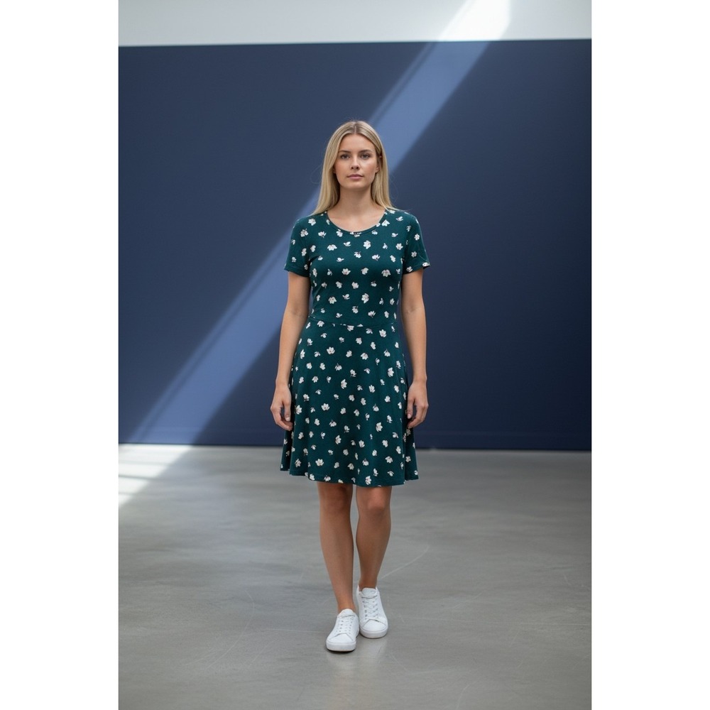 French Grey Green Floral Short Sleeve Fit &‎ Flare Dress XS Crew Neck Stretch